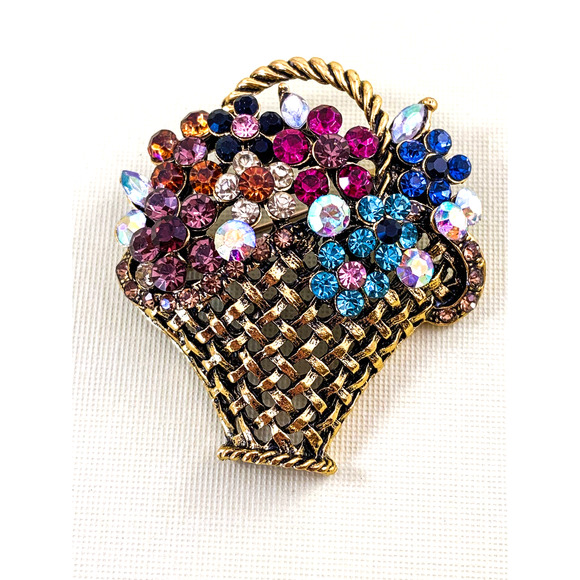 Super Sparkly Basket Full of Flowers Brooch/ Pin, Multicolored Rhinestones - NEW - Picture 5 of 5